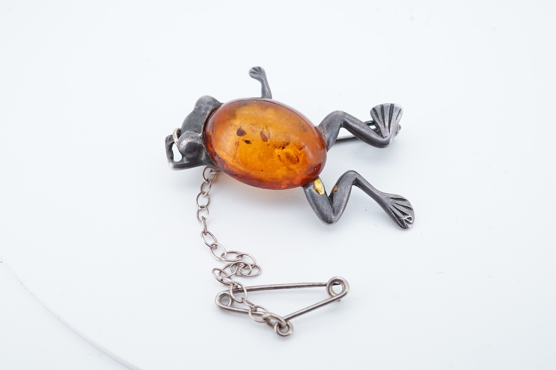 A small group of sterling, white metal and and other jewellery, including a charm bracelet, frog brooch, etc.